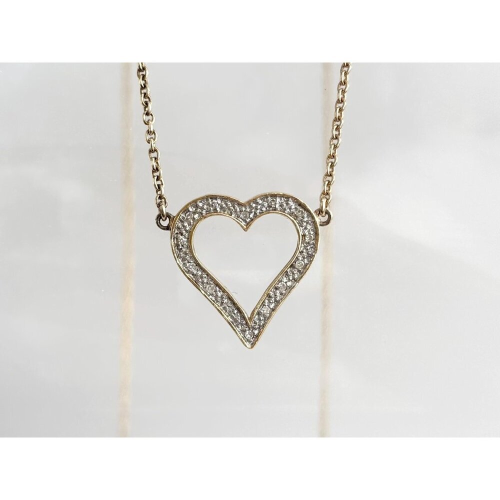 Heart Shaped Rhinestone Sterling Silver Gold T Vintage Pendant Necklace - 17" - Picture 6 of 11